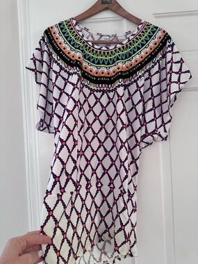 White Swim Coverup with Purple Lattice and Multicolor Neck